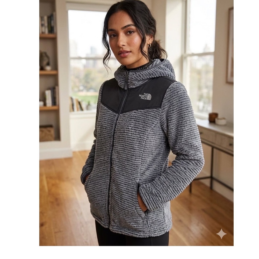The North Face Osito Hybrid Full Zip Fleece Hoodie Grey Black Womens Small